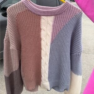 Colorblock Cable Knit Sweater - Pink, Lavender & Cream